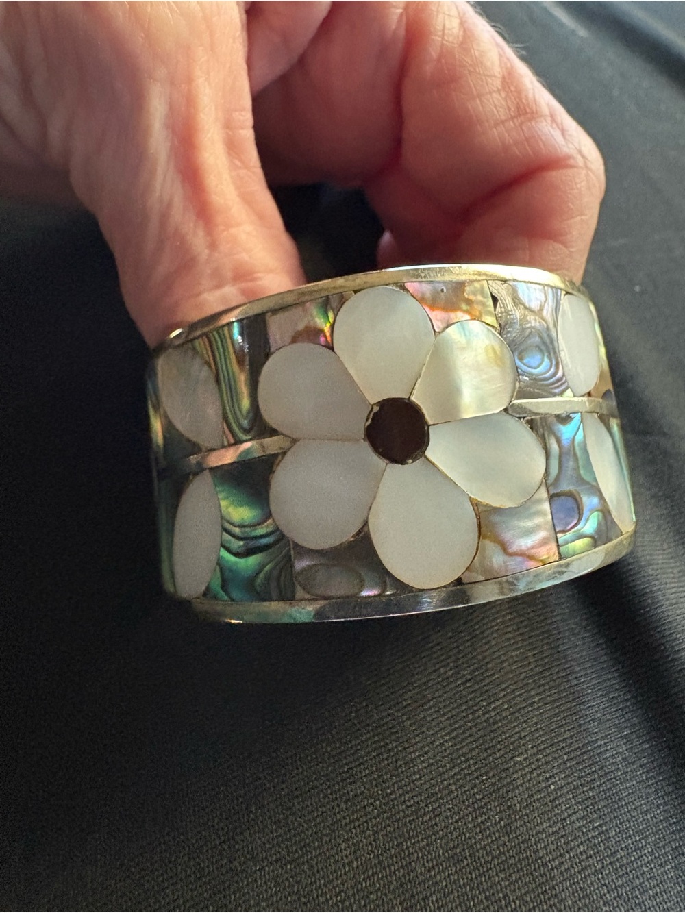 Mother of Pearl White Flower and abalone Inlay Cuff Bracelet
